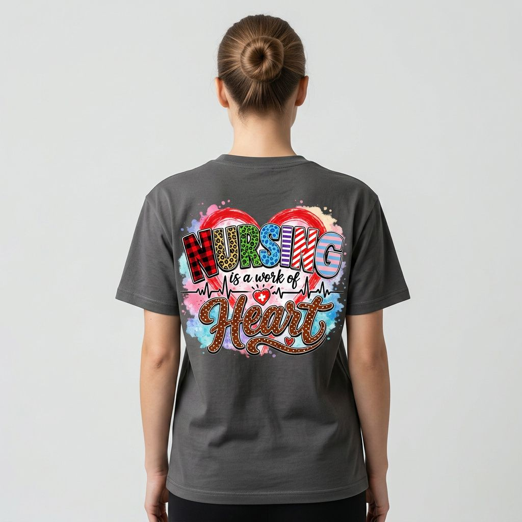 Nursing Is a Work of Heart Graphic Tee – Colorful Nurse Appreciation Shirt