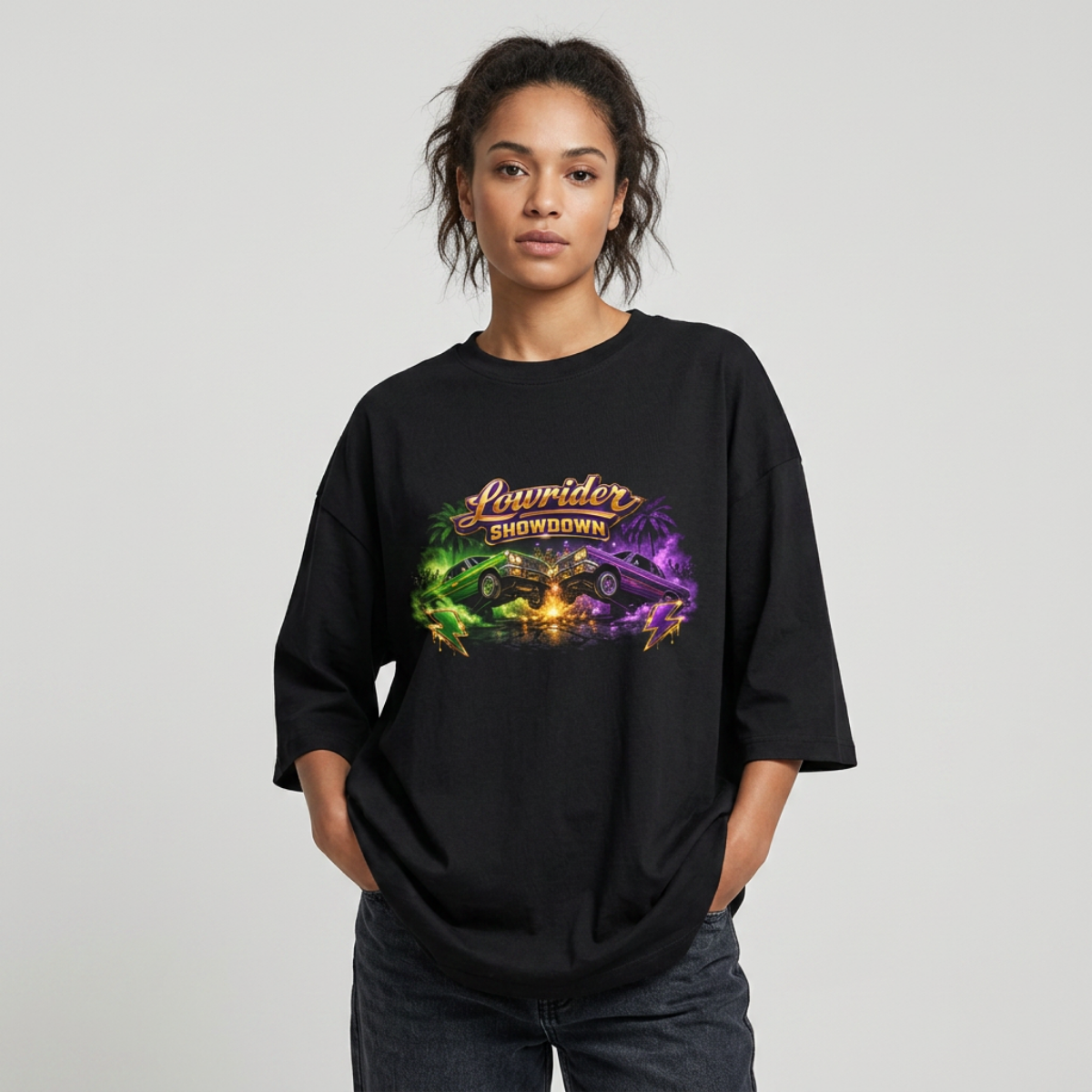 Lowrider Showdown Tee | Neon Classic Car Graphic Shirt