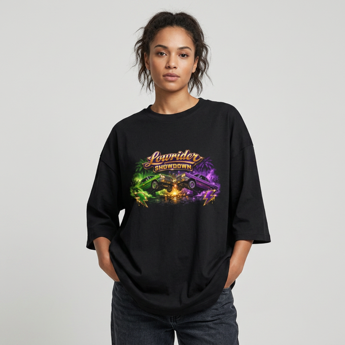 Lowrider Showdown Tee | Neon Classic Car Graphic Shirt